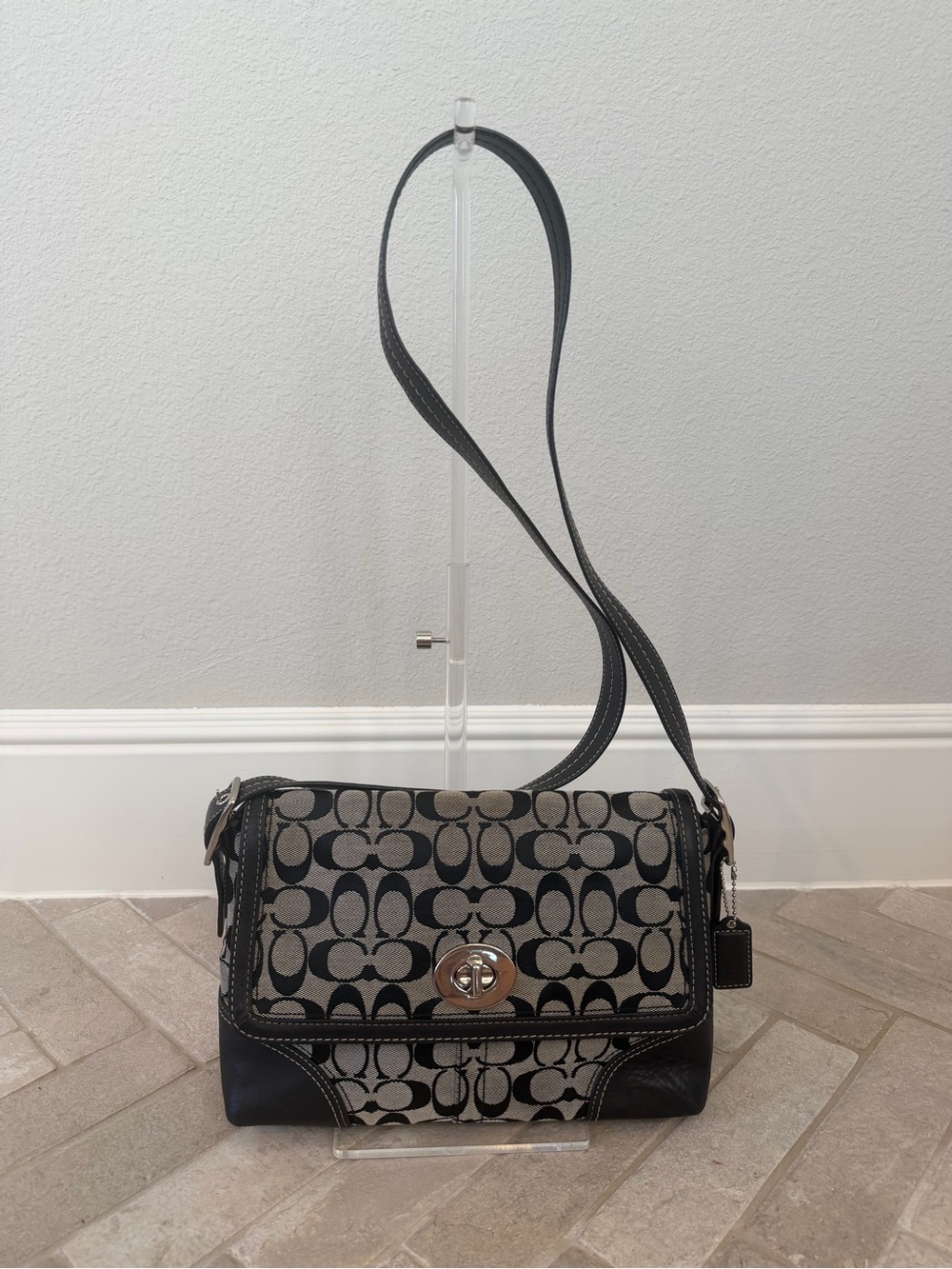 Coach F13036 Signature Jacquard Turnlock Flap Shoulder Bag Black